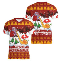 Swiss Santa Plays The Alphorn Christmas Women V-Neck T-Shirt The Matterhorn with Christmas Elements - Wonder Print Shop