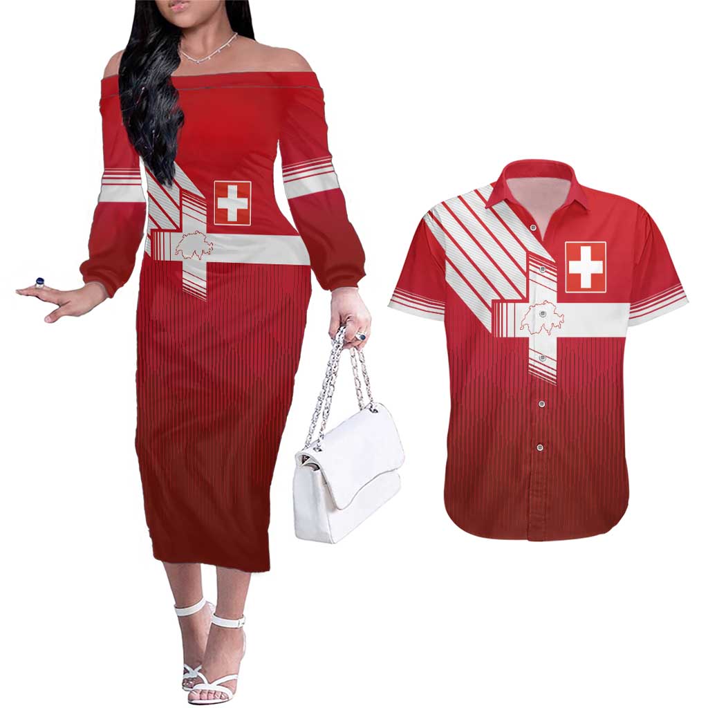 Custom Swiss Football Jersey for The Champions Couples Matching Off The Shoulder Long Sleeve Dress and Hawaiian Shirt LT03