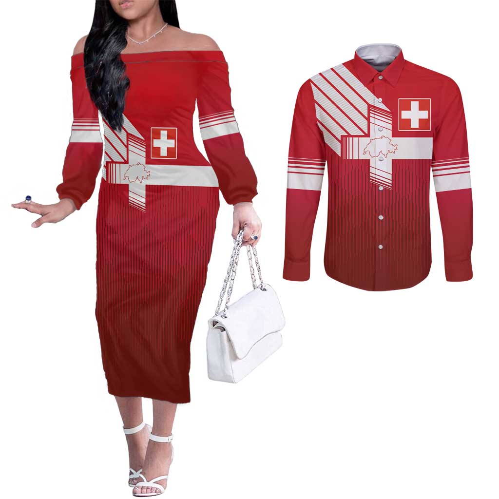 Custom Swiss Football Jersey for The Champions Couples Matching Off The Shoulder Long Sleeve Dress and Long Sleeve Button Shirt LT03