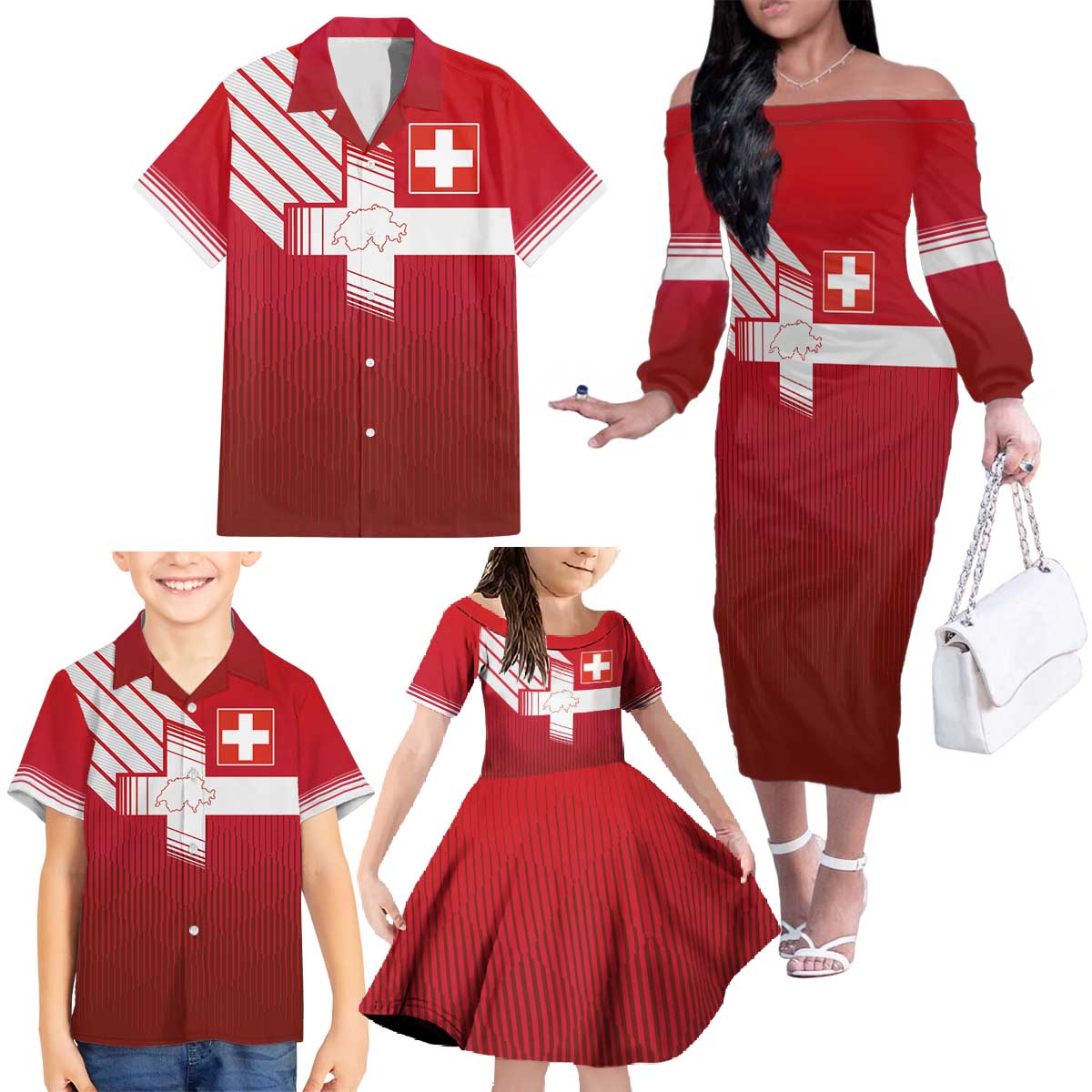 Custom Swiss Football Jersey for The Champions Family Matching Off The Shoulder Long Sleeve Dress and Hawaiian Shirt LT03