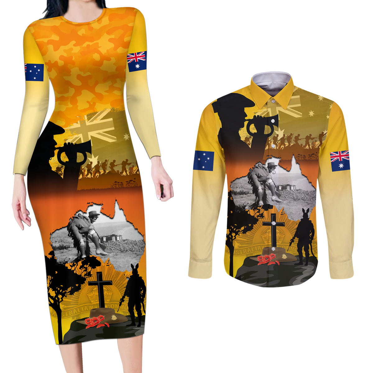 Australia ANZAC Day Couples Matching Long Sleeve Bodycon Dress and Long Sleeve Button Shirt Gallipoli Lest We Forget - Wonder Print Shop