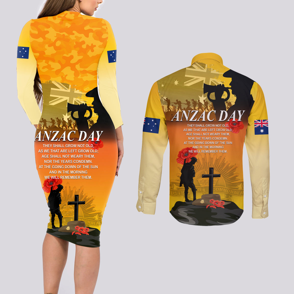 Australia ANZAC Day Couples Matching Long Sleeve Bodycon Dress and Long Sleeve Button Shirt Gallipoli Lest We Forget - Wonder Print Shop