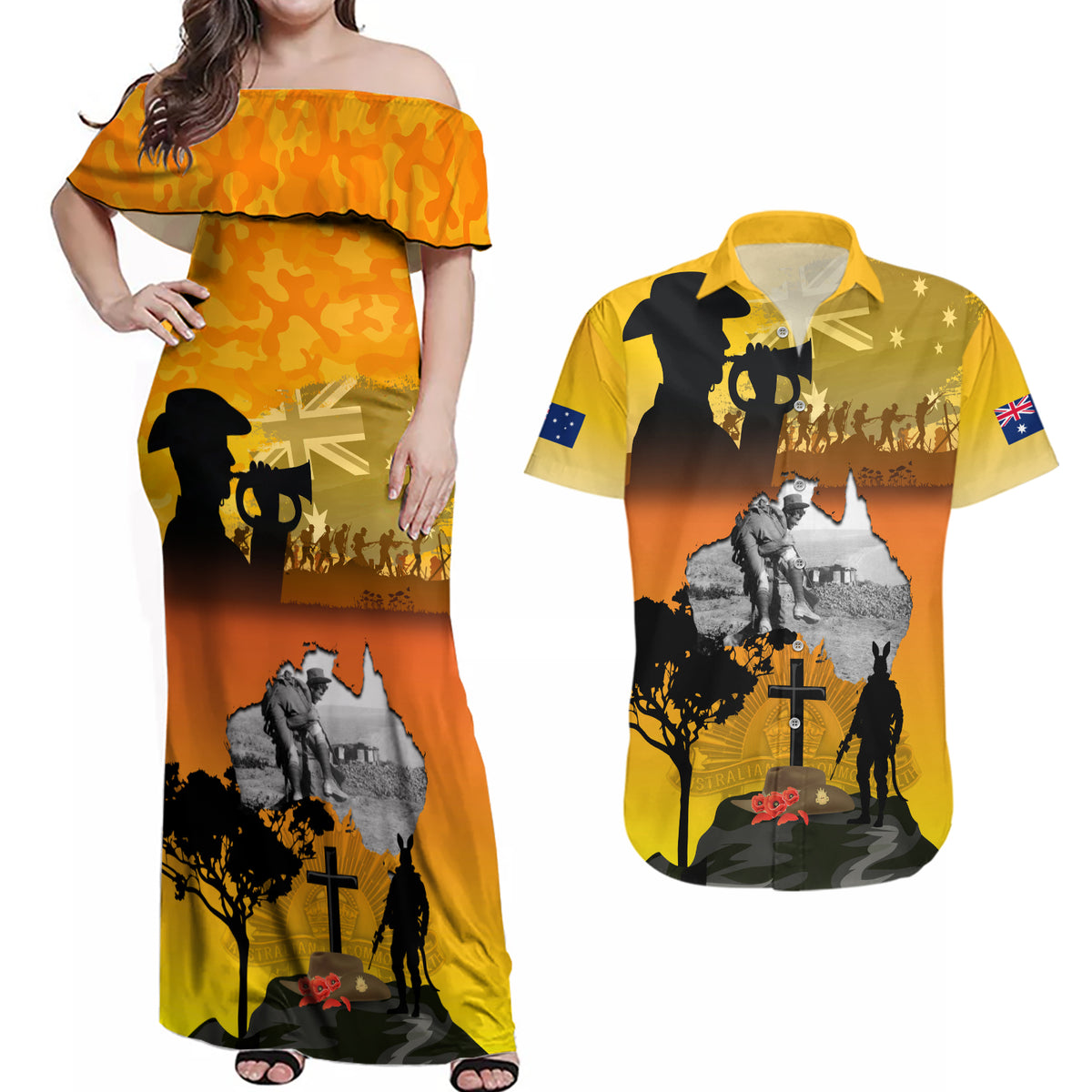 Australia ANZAC Day Couples Matching Off Shoulder Maxi Dress and Hawaiian Shirt Gallipoli Lest We Forget - Wonder Print Shop