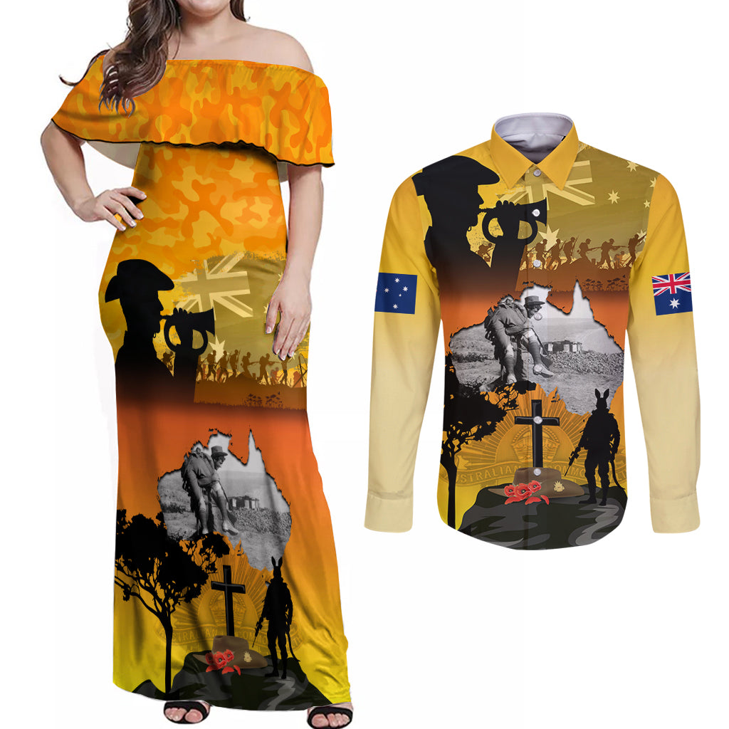 Australia ANZAC Day Couples Matching Off Shoulder Maxi Dress and Long Sleeve Button Shirt Gallipoli Lest We Forget - Wonder Print Shop