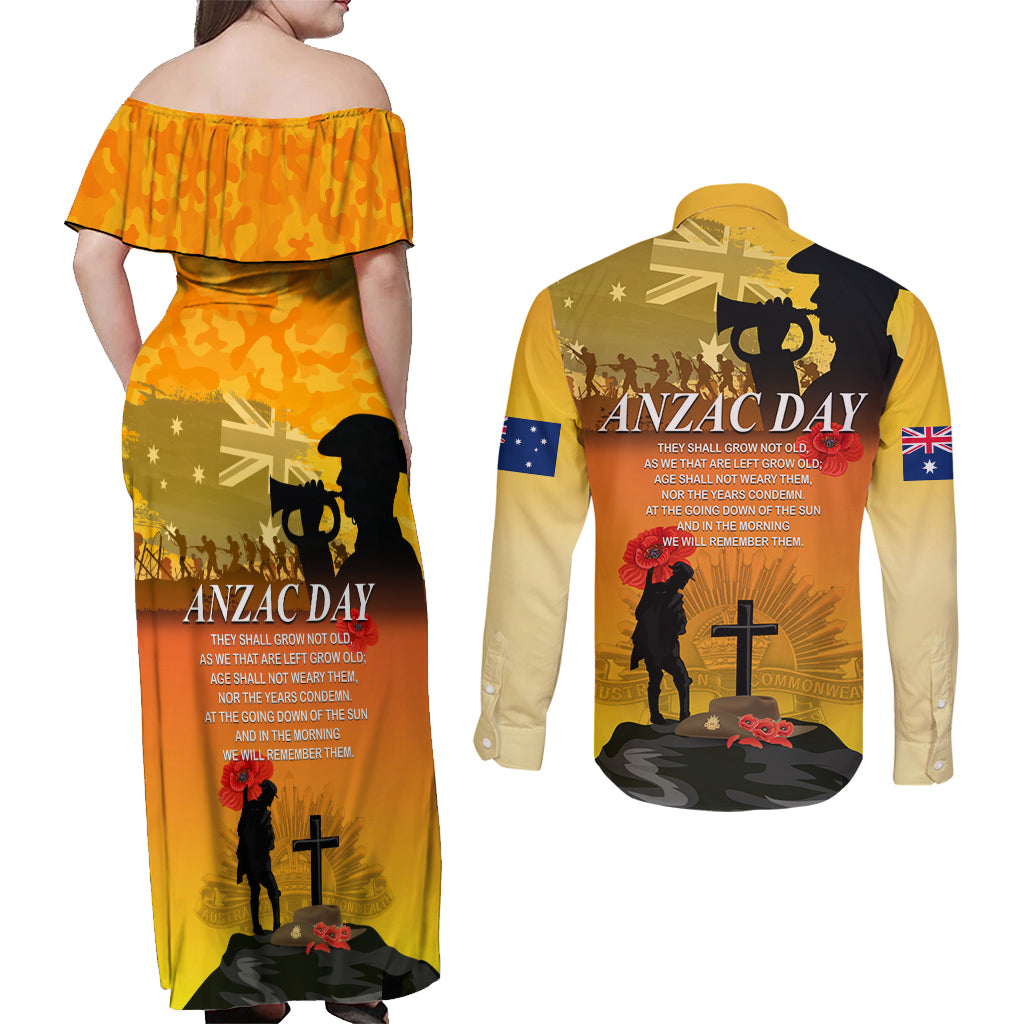 Australia ANZAC Day Couples Matching Off Shoulder Maxi Dress and Long Sleeve Button Shirt Gallipoli Lest We Forget - Wonder Print Shop
