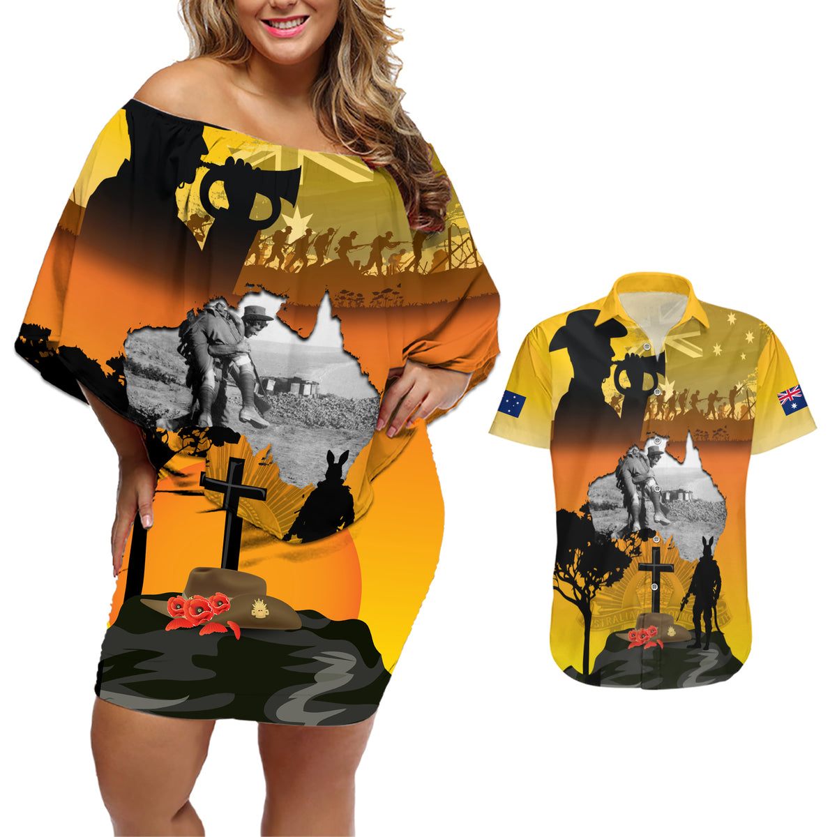 Australia ANZAC Day Couples Matching Off Shoulder Short Dress and Hawaiian Shirt Gallipoli Lest We Forget - Wonder Print Shop