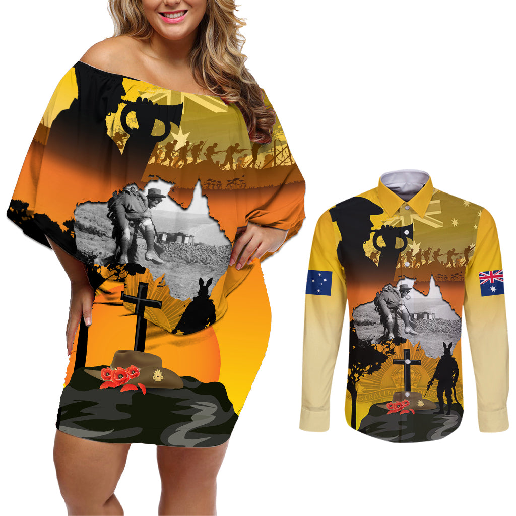 Australia ANZAC Day Couples Matching Off Shoulder Short Dress and Long Sleeve Button Shirt Gallipoli Lest We Forget - Wonder Print Shop