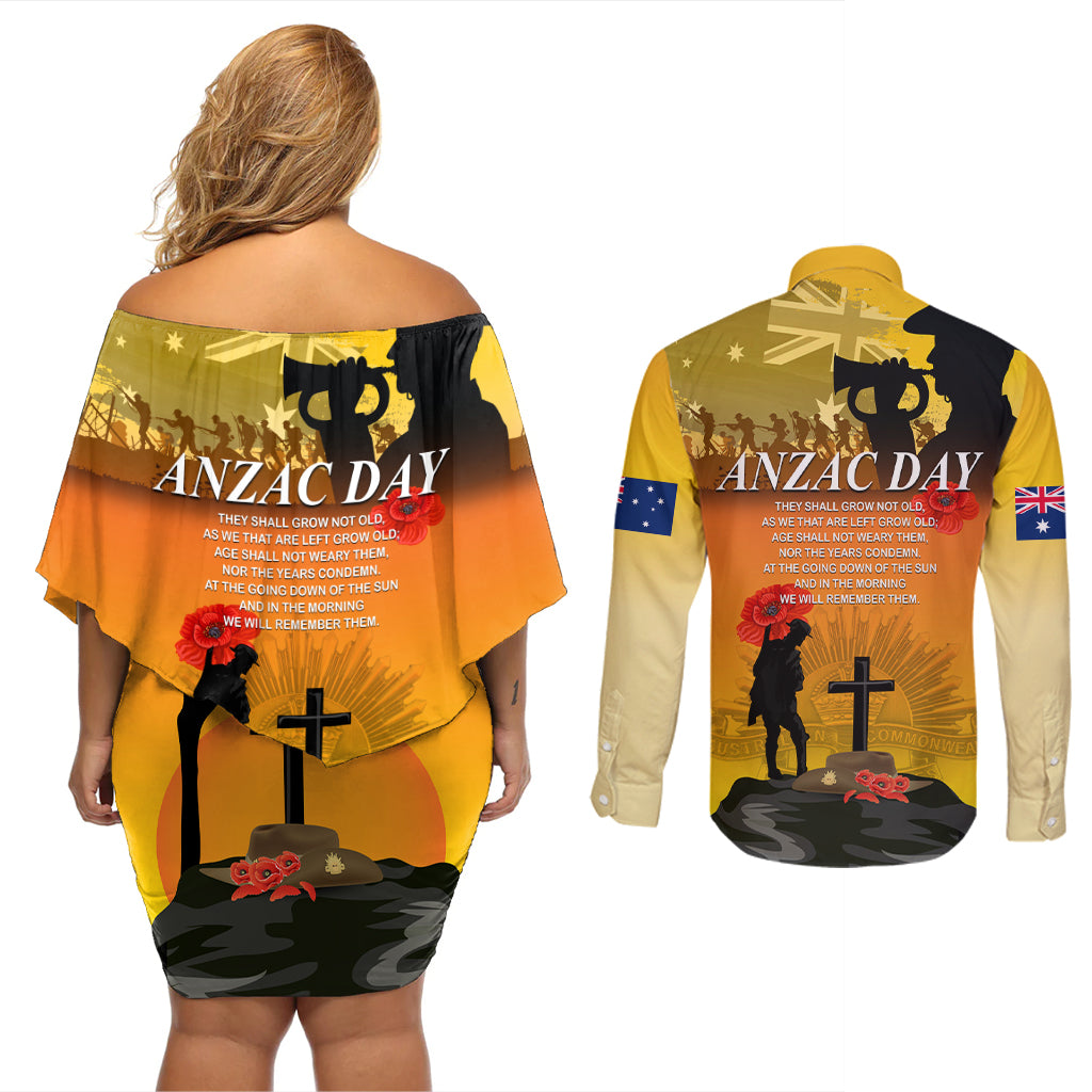 Australia ANZAC Day Couples Matching Off Shoulder Short Dress and Long Sleeve Button Shirt Gallipoli Lest We Forget - Wonder Print Shop