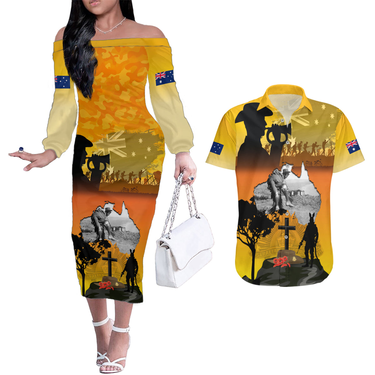 Australia ANZAC Day Couples Matching Off The Shoulder Long Sleeve Dress and Hawaiian Shirt Gallipoli Lest We Forget - Wonder Print Shop