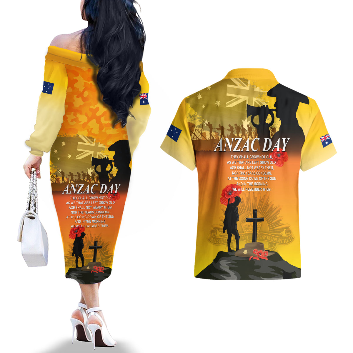 Australia ANZAC Day Couples Matching Off The Shoulder Long Sleeve Dress and Hawaiian Shirt Gallipoli Lest We Forget - Wonder Print Shop