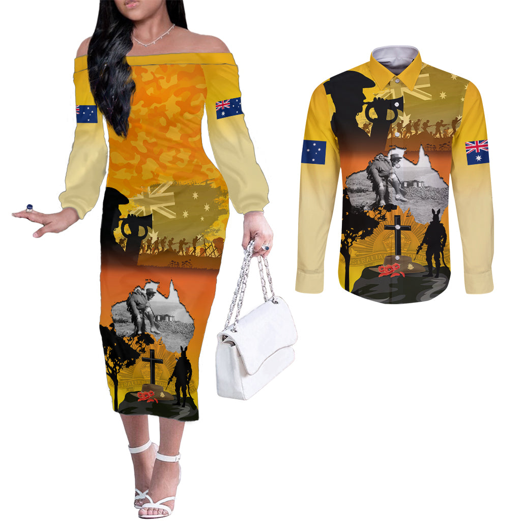 Australia ANZAC Day Couples Matching Off The Shoulder Long Sleeve Dress and Long Sleeve Button Shirt Gallipoli Lest We Forget