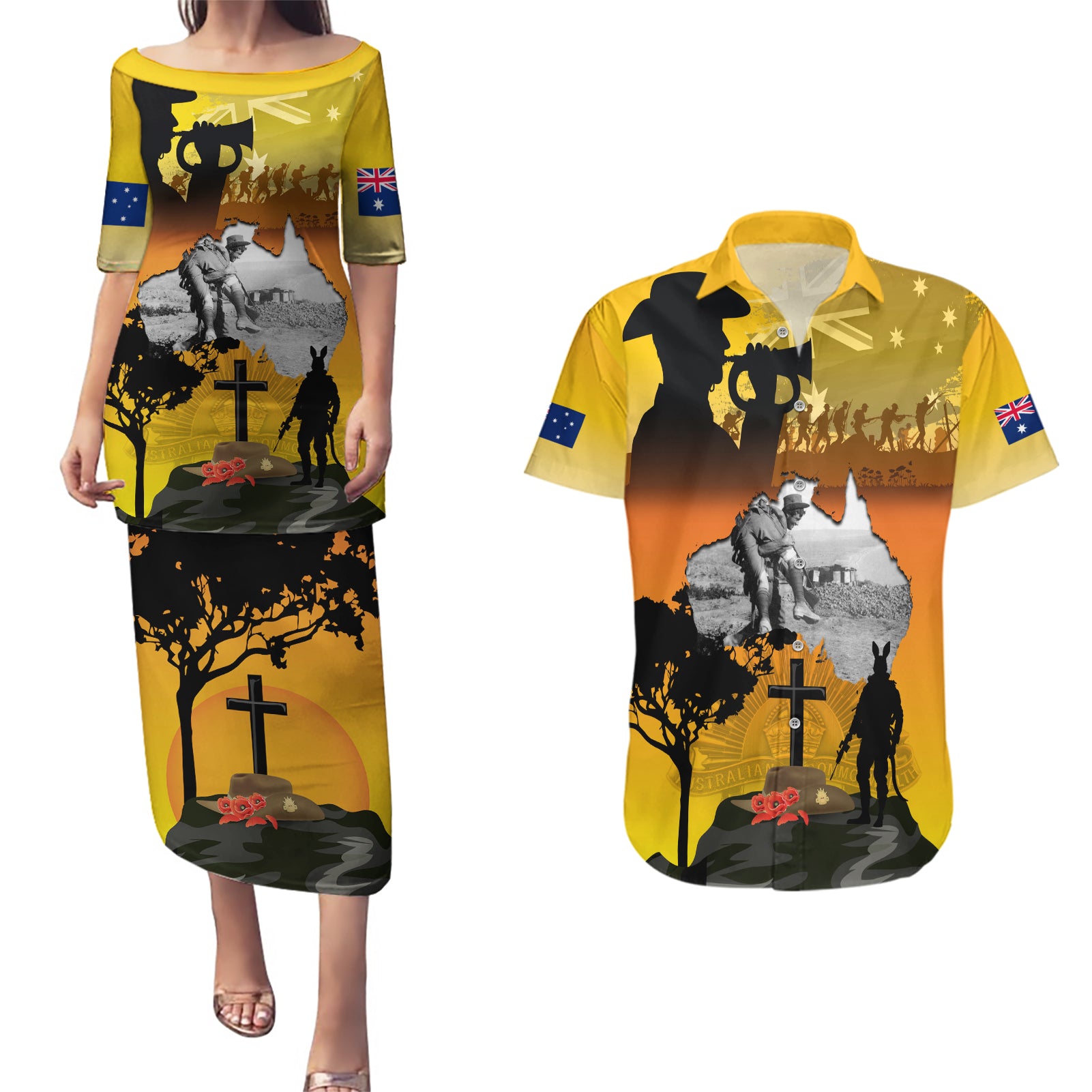 Australia ANZAC Day Couples Matching Puletasi and Hawaiian Shirt Gallipoli Lest We Forget - Wonder Print Shop