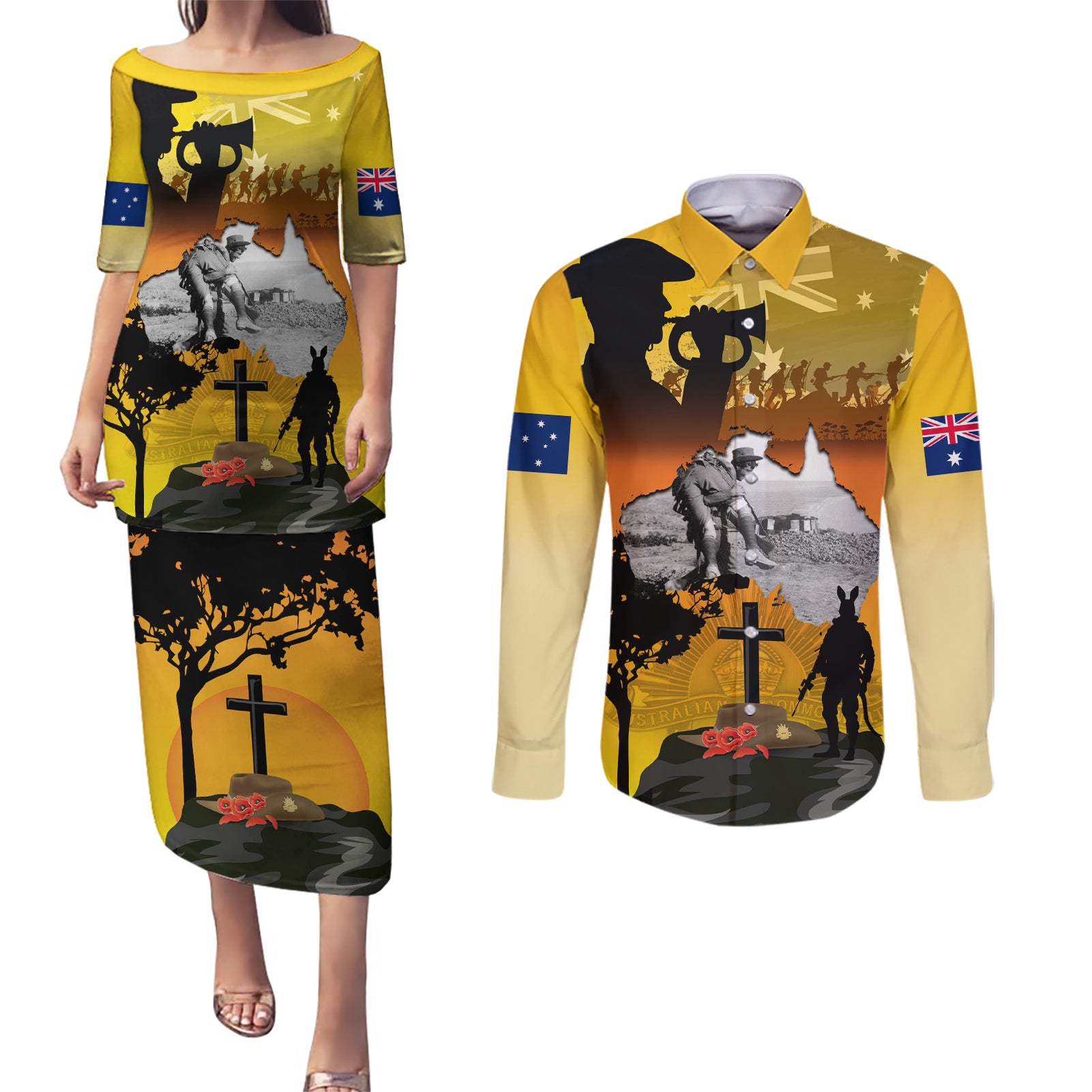 Australia ANZAC Day Couples Matching Puletasi and Long Sleeve Button Shirt Gallipoli Lest We Forget - Wonder Print Shop