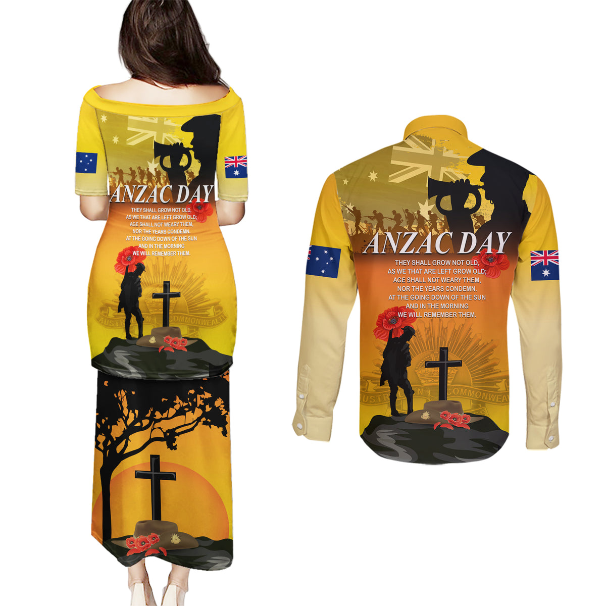 Australia ANZAC Day Couples Matching Puletasi and Long Sleeve Button Shirt Gallipoli Lest We Forget - Wonder Print Shop