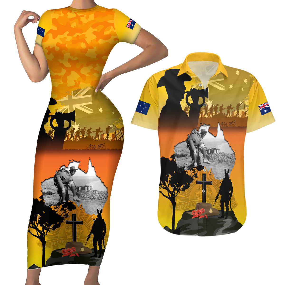 Australia ANZAC Day Couples Matching Short Sleeve Bodycon Dress and Hawaiian Shirt Gallipoli Lest We Forget - Wonder Print Shop