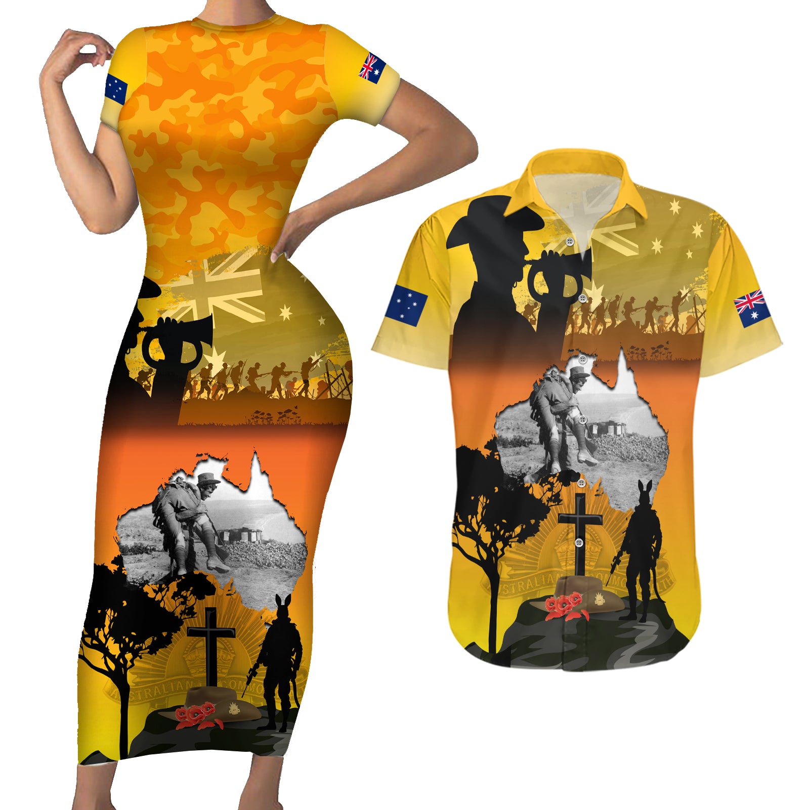Australia ANZAC Day Couples Matching Short Sleeve Bodycon Dress and Hawaiian Shirt Gallipoli Lest We Forget - Wonder Print Shop