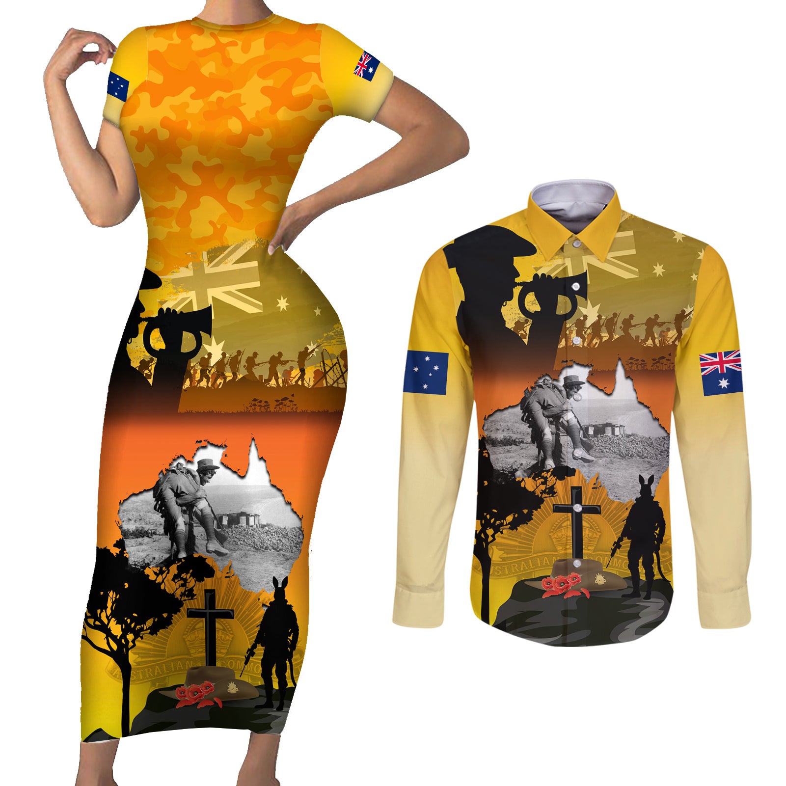 Australia ANZAC Day Couples Matching Short Sleeve Bodycon Dress and Long Sleeve Button Shirt Gallipoli Lest We Forget - Wonder Print Shop