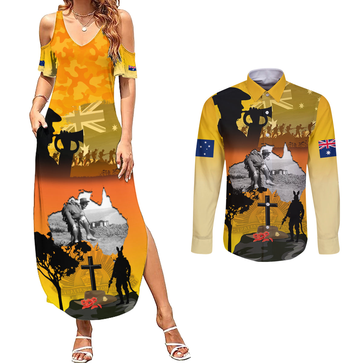 Australia ANZAC Day Couples Matching Summer Maxi Dress and Long Sleeve Button Shirt Gallipoli Lest We Forget - Wonder Print Shop