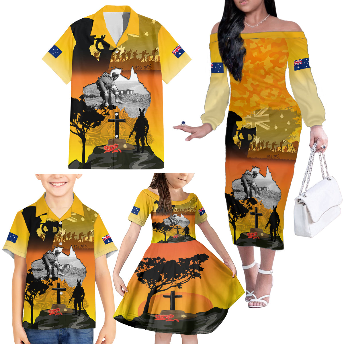 Australia ANZAC Day Family Matching Off Shoulder Long Sleeve Dress and Hawaiian Shirt Gallipoli Lest We Forget - Wonder Print Shop