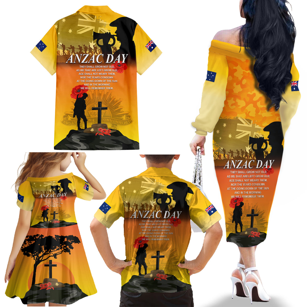 Australia ANZAC Day Family Matching Off Shoulder Long Sleeve Dress and Hawaiian Shirt Gallipoli Lest We Forget - Wonder Print Shop