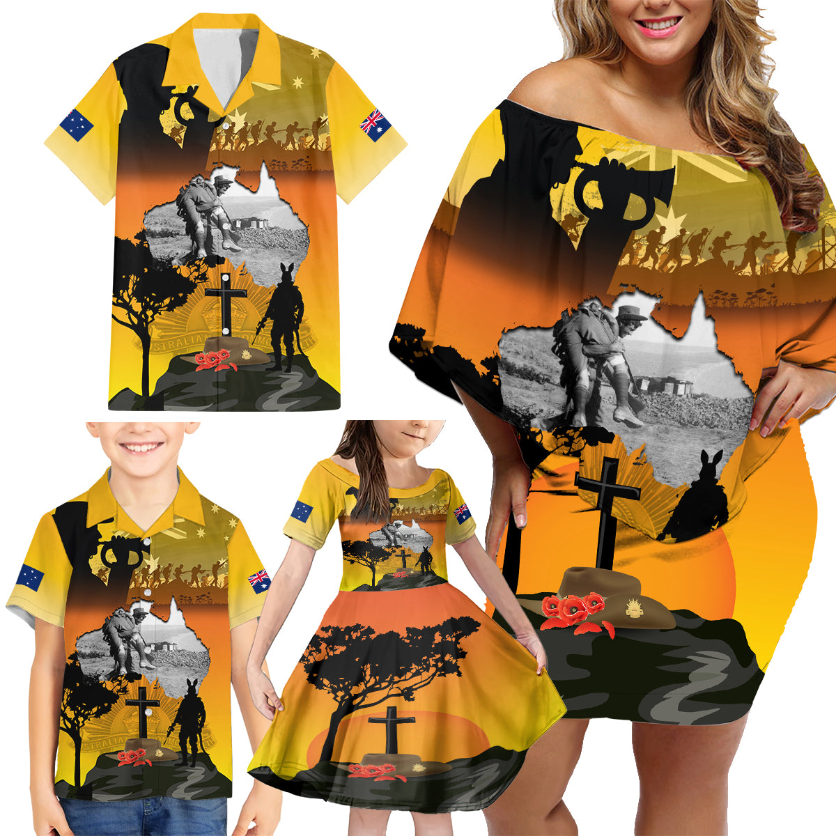 Australia ANZAC Day Family Matching Off Shoulder Short Dress and Hawaiian Shirt Gallipoli Lest We Forget - Wonder Print Shop