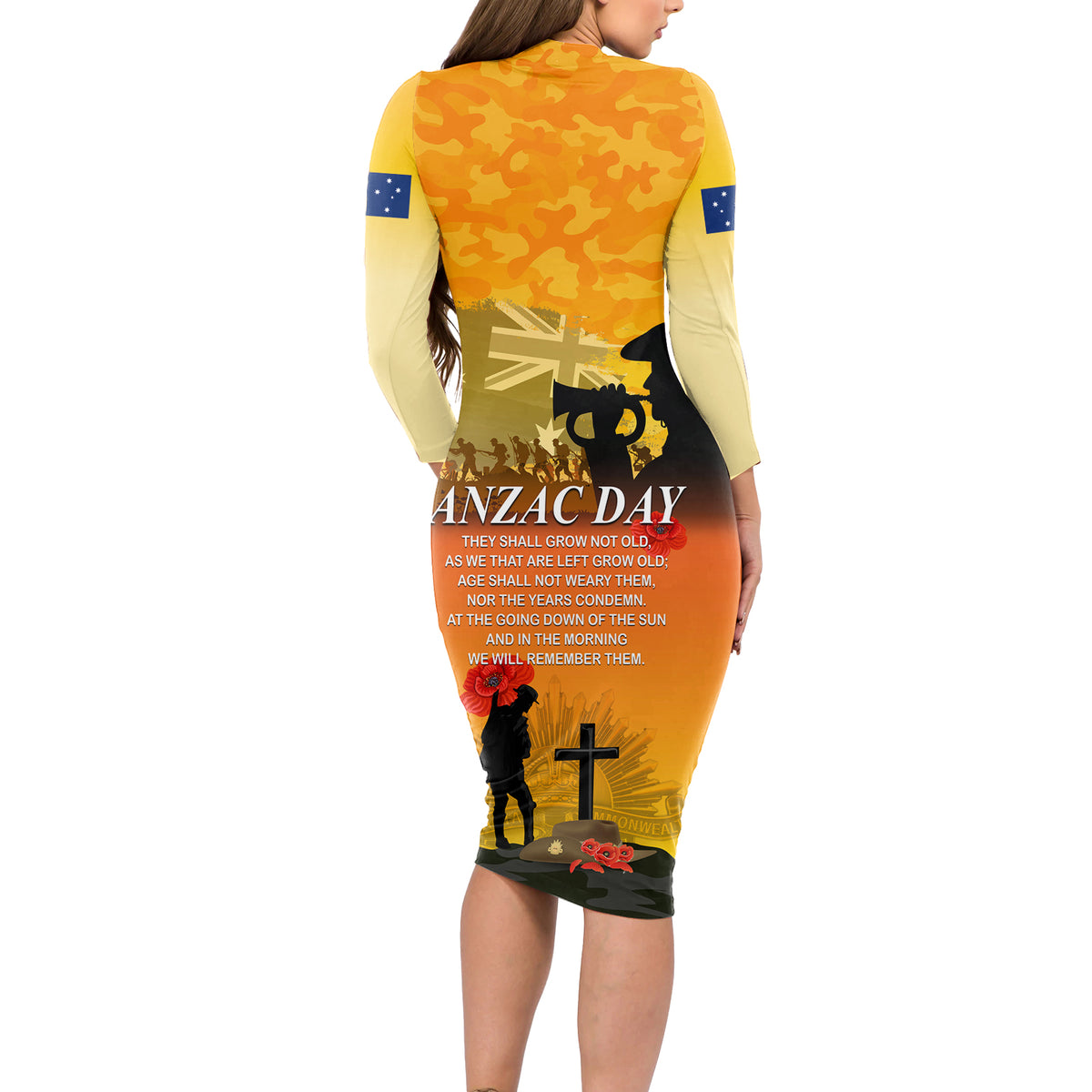 Australia ANZAC Day Long Sleeve Bodycon Dress Gallipoli Lest We Forget - Wonder Print Shop