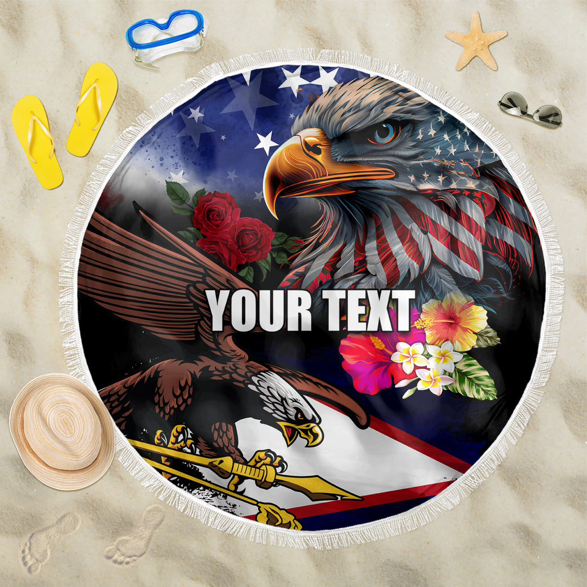 Personalised United States and American Samoa Beach Blanket Bald Eagle Rose and Hibiscus Flower