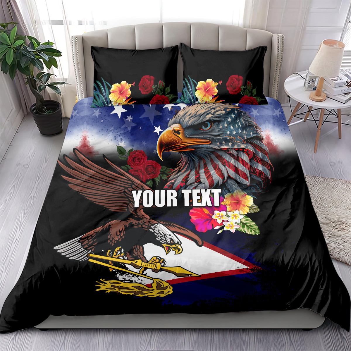 Personalised United States and American Samoa Bedding Set Bald Eagle Rose and Hibiscus Flower - Wonder Print Shop