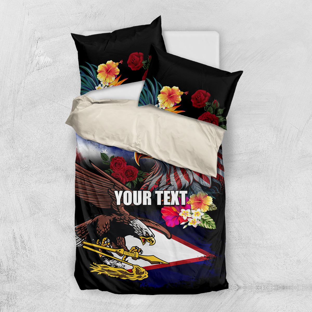 Personalised United States and American Samoa Bedding Set Bald Eagle Rose and Hibiscus Flower - Wonder Print Shop