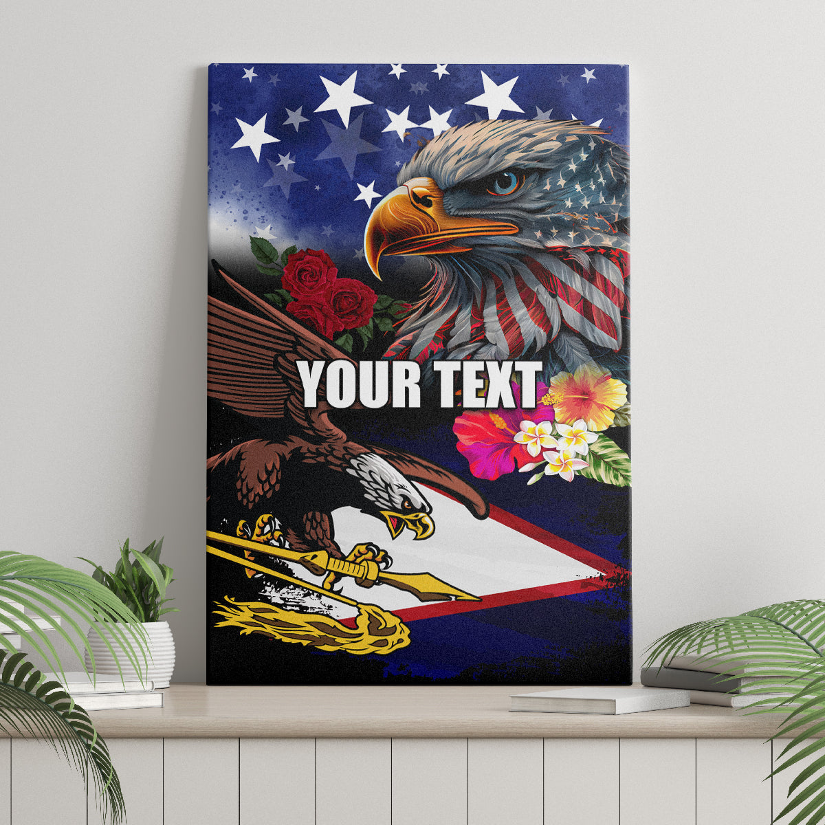 Personalised United States and American Samoa Canvas Wall Art Bald Eagle Rose and Hibiscus Flower - Wonder Print Shop