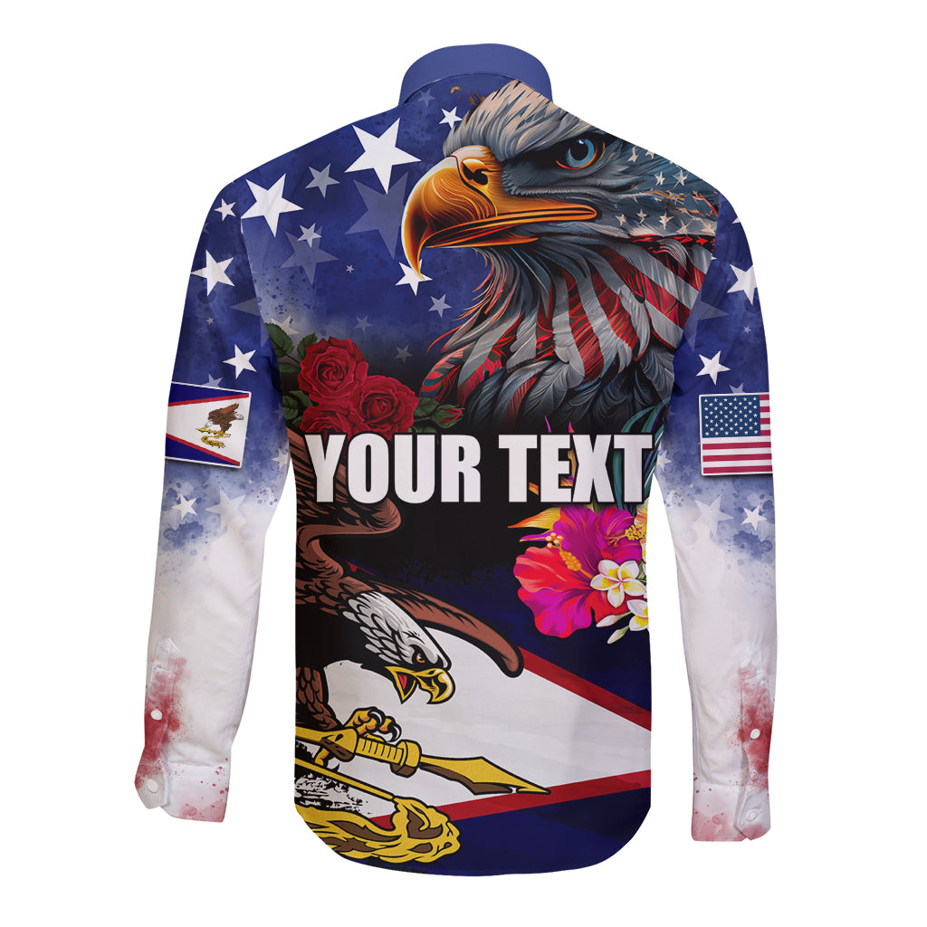 Personalised United States and American Samoa Long Sleeve Button Shirt Bald Eagle Rose and Hibiscus Flower - Wonder Print Shop