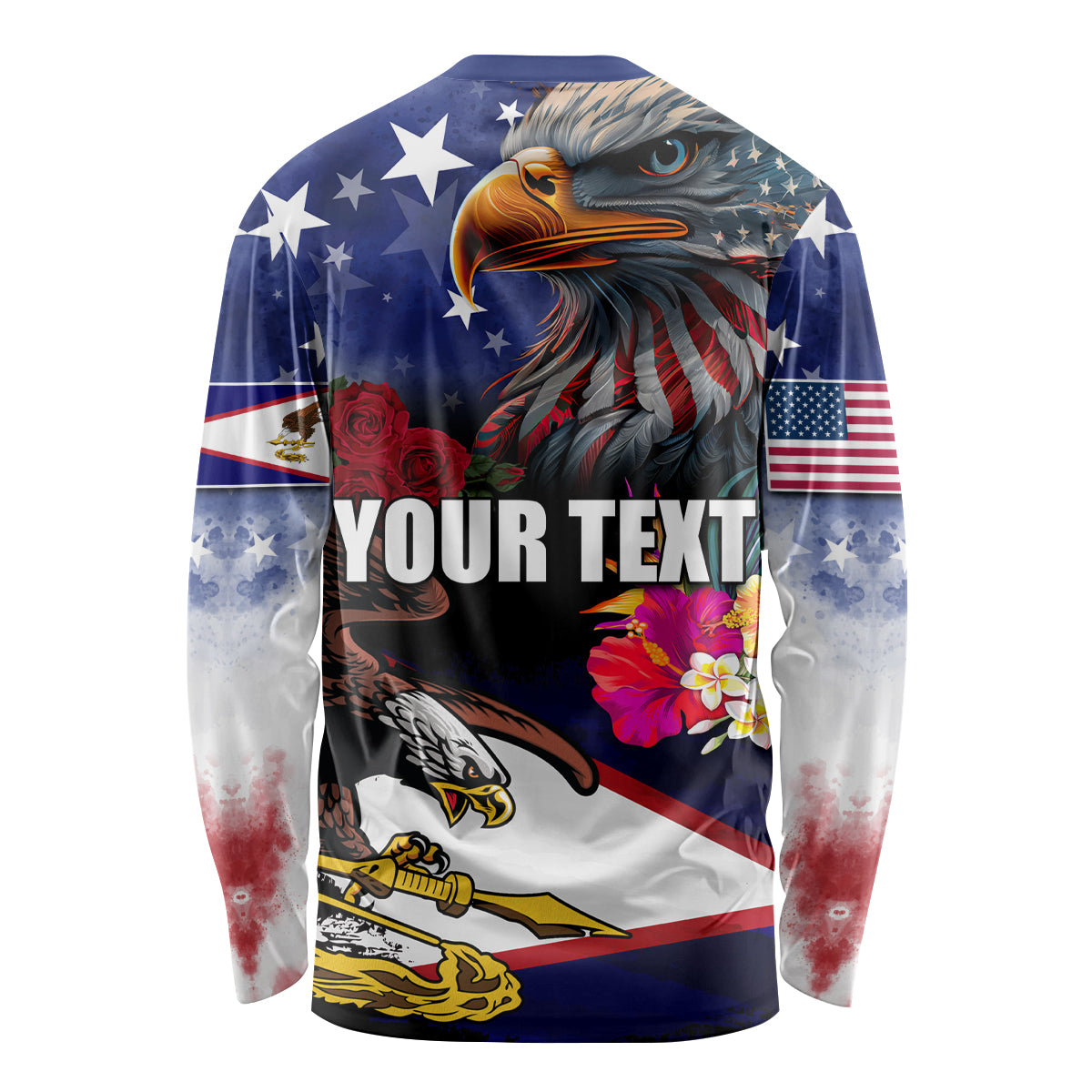 Personalised United States and American Samoa Long Sleeve Shirt Bald Eagle Rose and Hibiscus Flower - Wonder Print Shop
