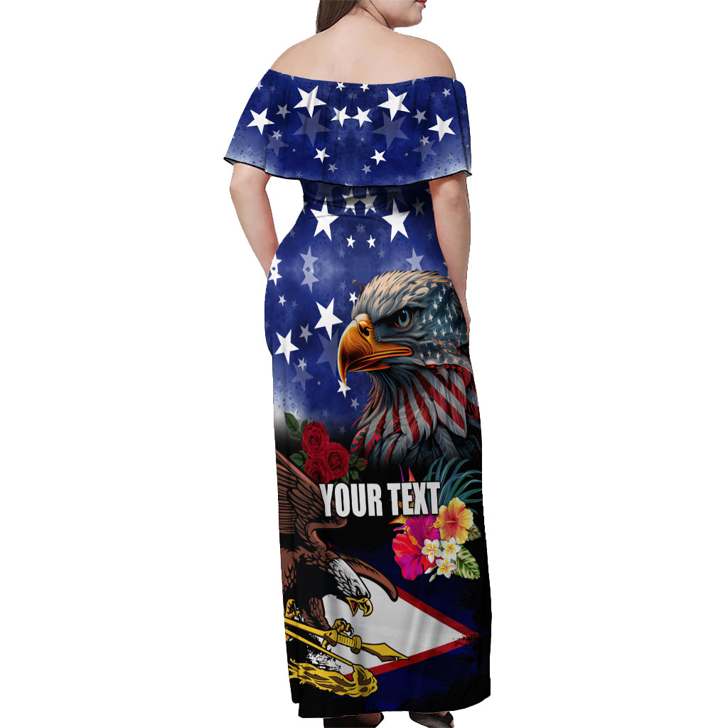 Personalised United States and American Samoa Off Shoulder Maxi Dress Bald Eagle Rose and Hibiscus Flower - Wonder Print Shop