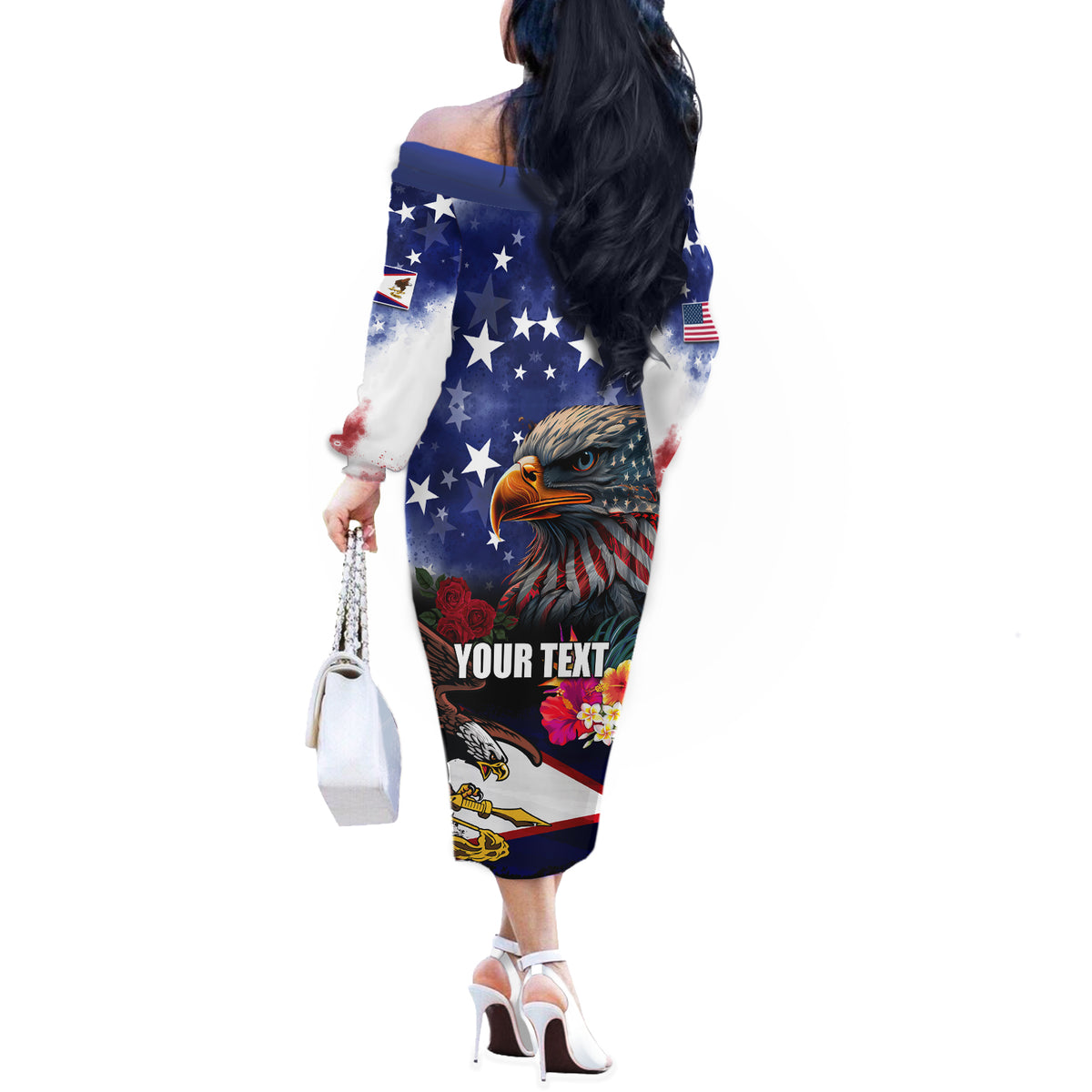Personalised United States and American Samoa Off The Shoulder Long Sleeve Dress Bald Eagle Rose and Hibiscus Flower - Wonder Print Shop
