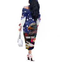 Personalised United States and American Samoa Off The Shoulder Long Sleeve Dress Bald Eagle Rose and Hibiscus Flower - Wonder Print Shop