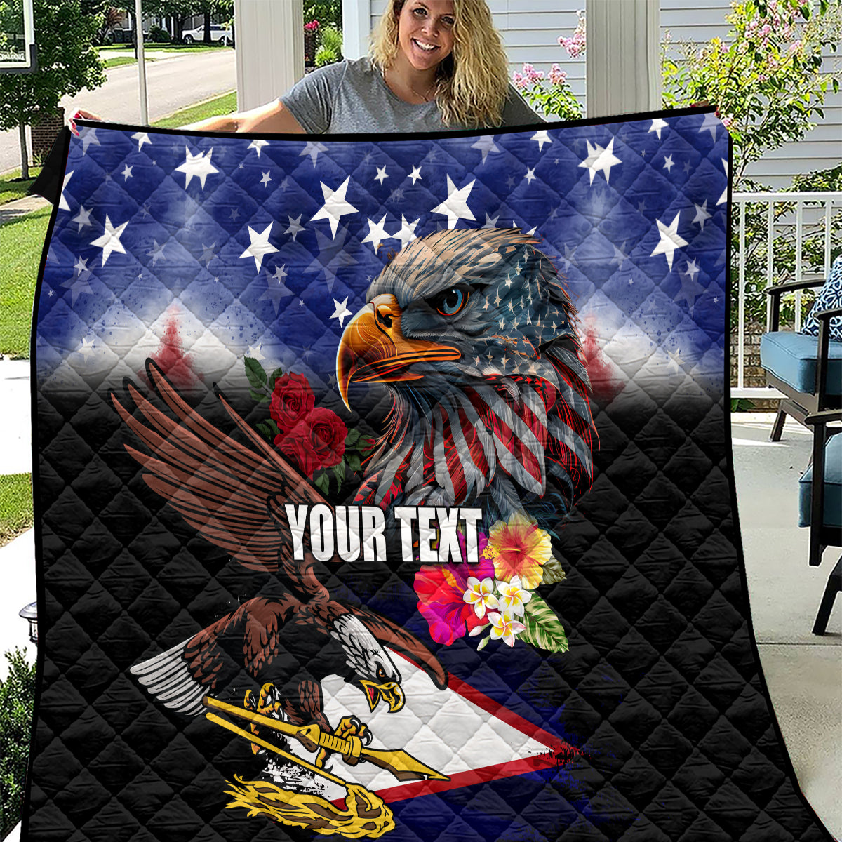 Personalised United States and American Samoa Quilt Bald Eagle Rose and Hibiscus Flower - Wonder Print Shop