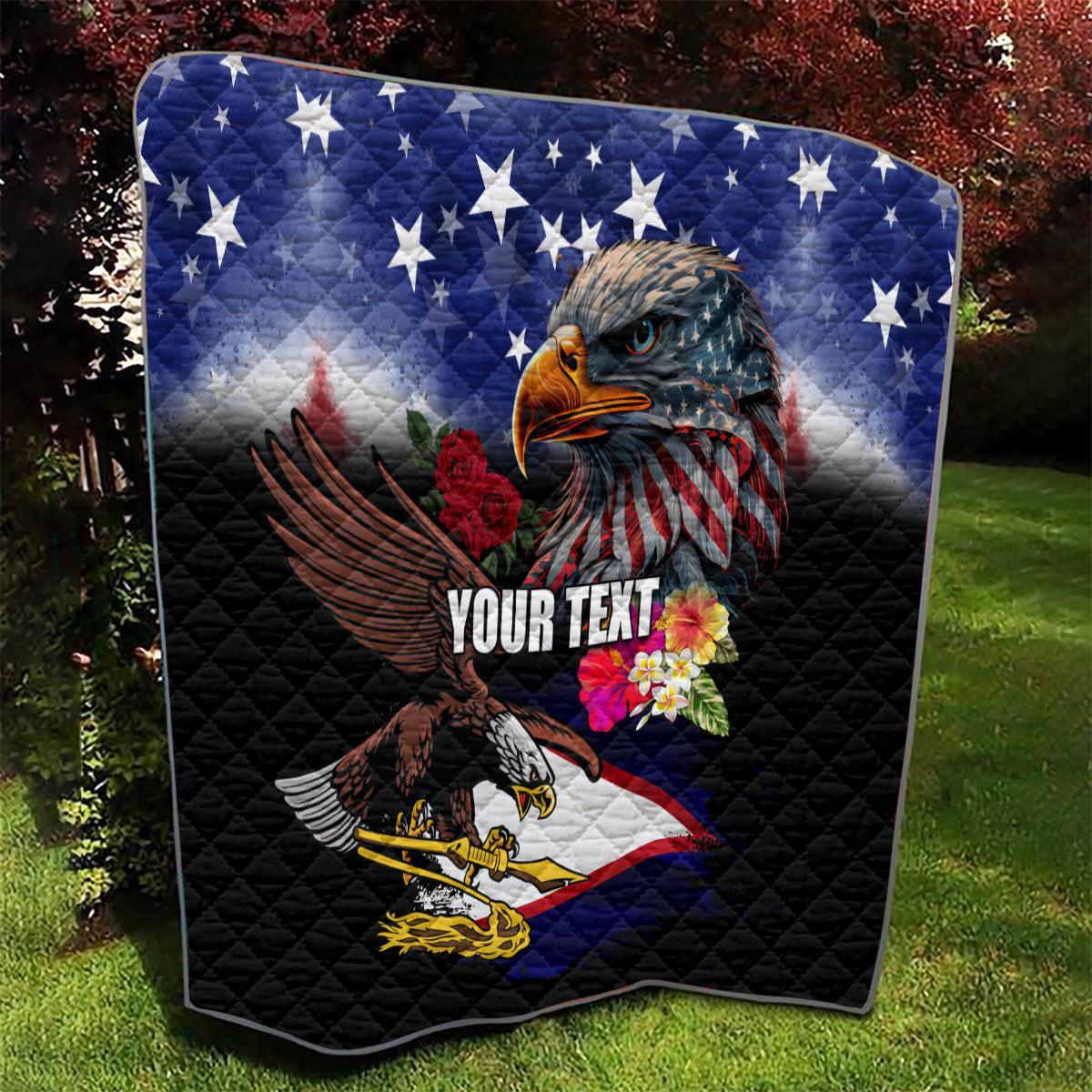Personalised United States and American Samoa Quilt Bald Eagle Rose and Hibiscus Flower - Wonder Print Shop