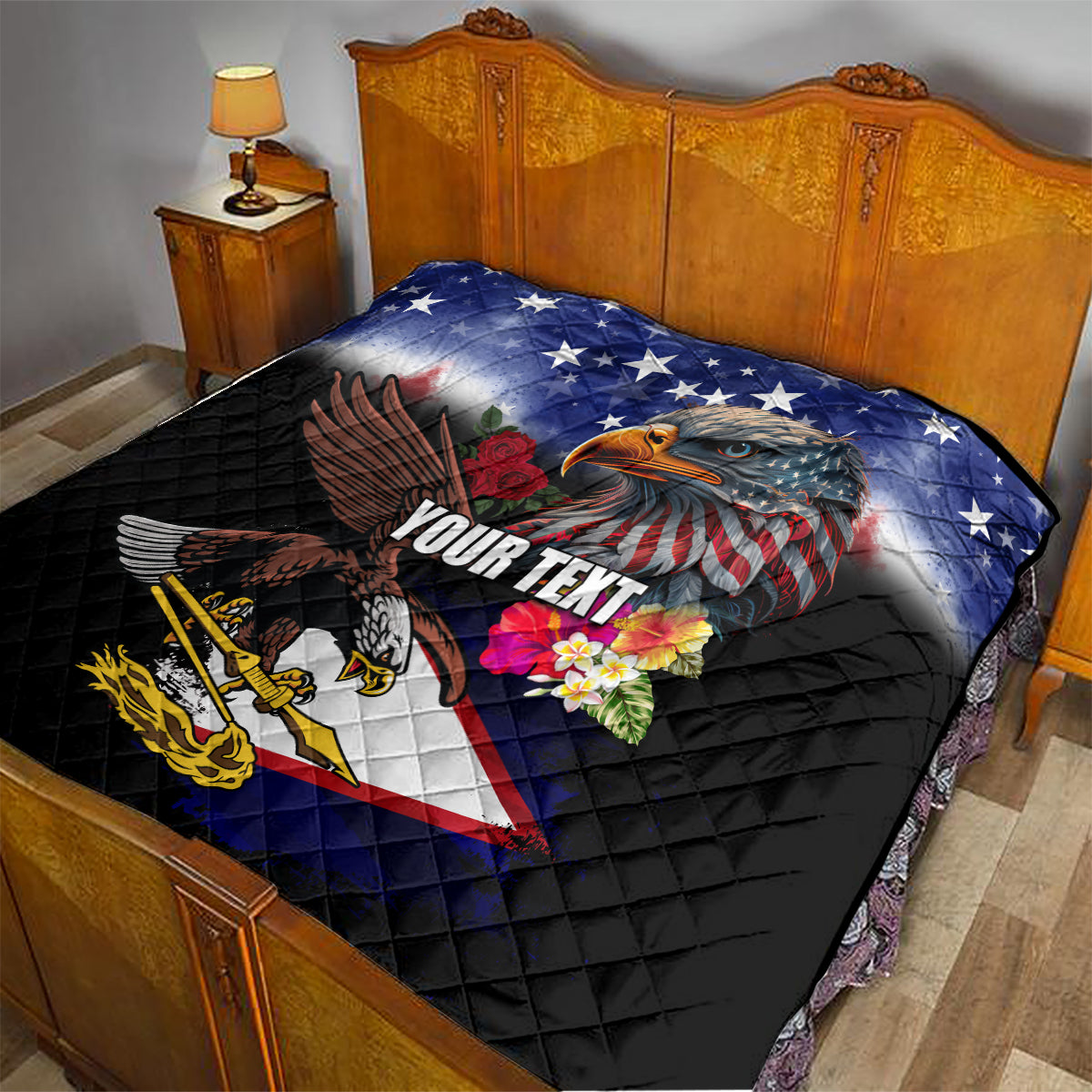 Personalised United States and American Samoa Quilt Bald Eagle Rose and Hibiscus Flower - Wonder Print Shop