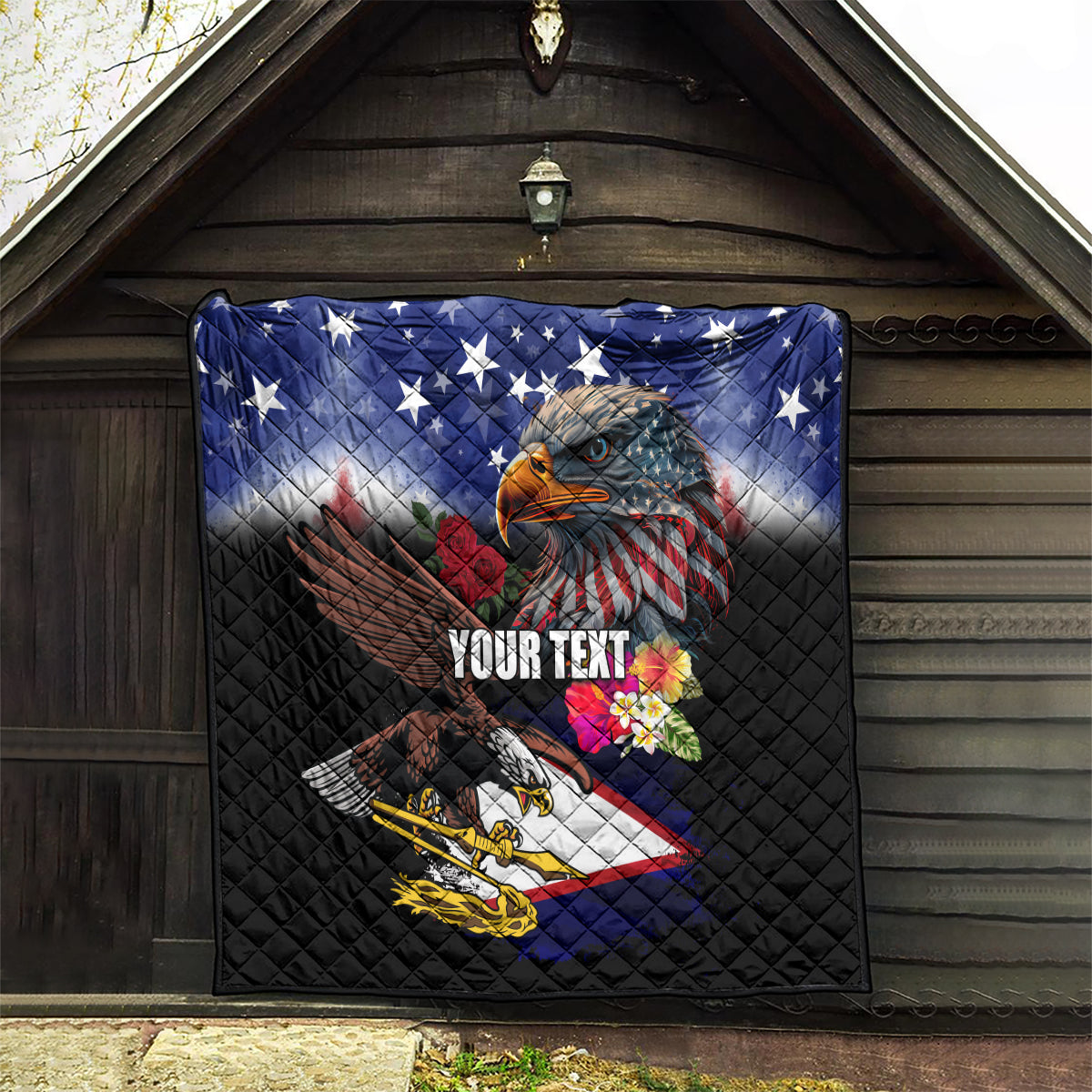 Personalised United States and American Samoa Quilt Bald Eagle Rose and Hibiscus Flower - Wonder Print Shop