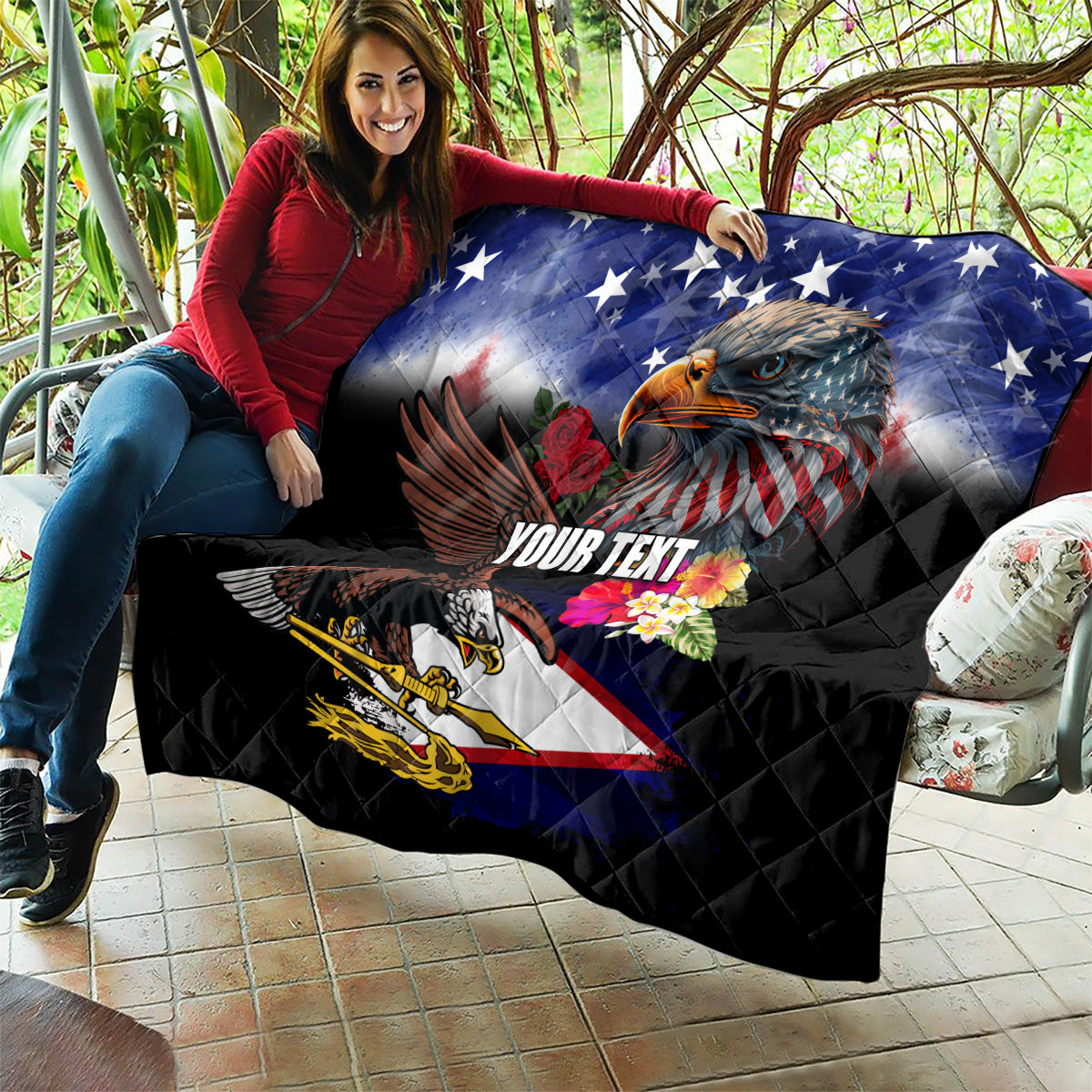 Personalised United States and American Samoa Quilt Bald Eagle Rose and Hibiscus Flower - Wonder Print Shop