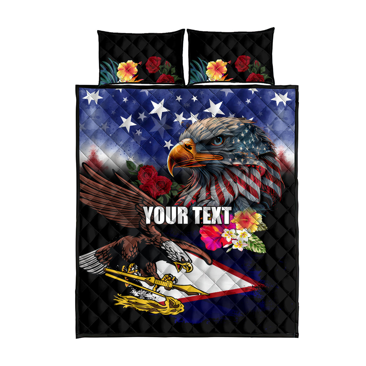 Personalised United States and American Samoa Quilt Bed Set Bald Eagle Rose and Hibiscus Flower - Wonder Print Shop