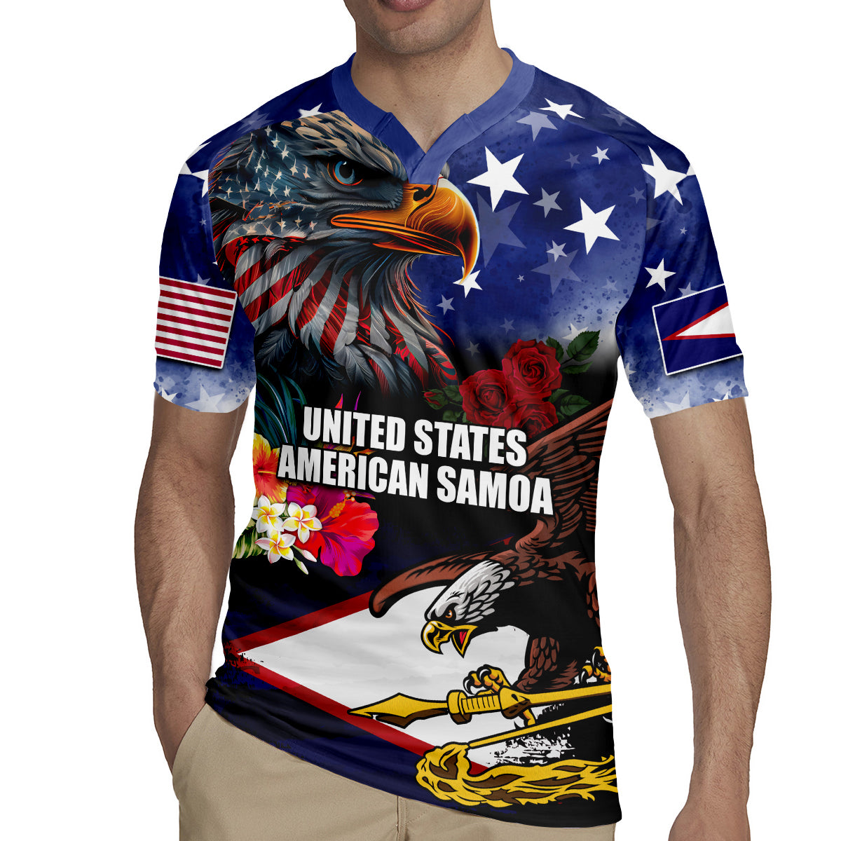 Personalised United States and American Samoa Rugby Jersey Bald Eagle Rose and Hibiscus Flower - Wonder Print Shop