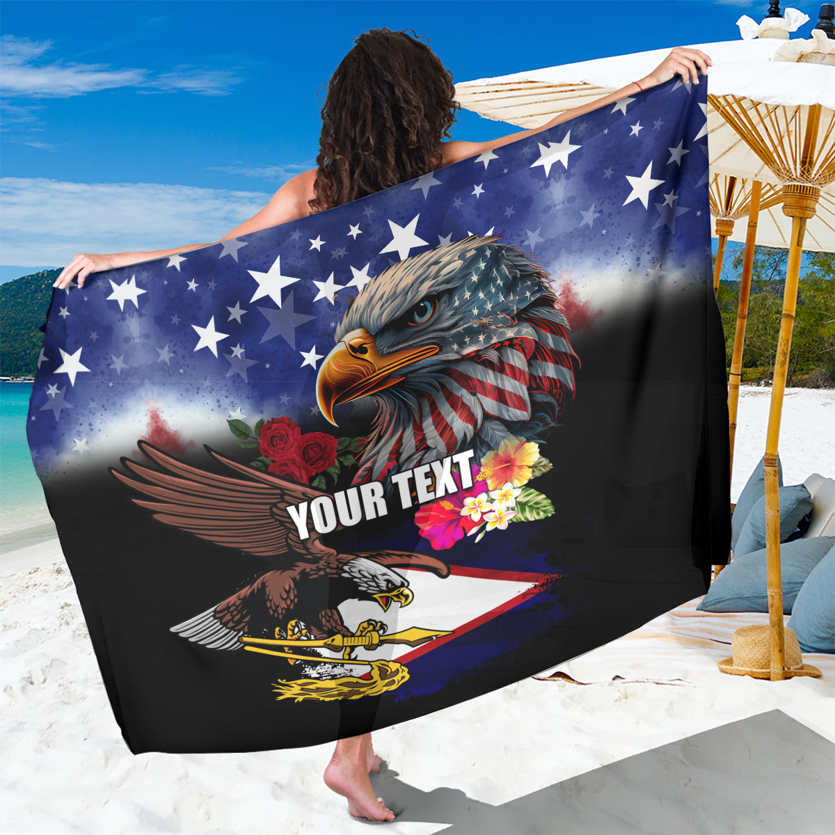 Personalised United States and American Samoa Sarong Bald Eagle Rose and Hibiscus Flower