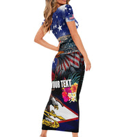 Personalised United States and American Samoa Short Sleeve Bodycon Dress Bald Eagle Rose and Hibiscus Flower - Wonder Print Shop