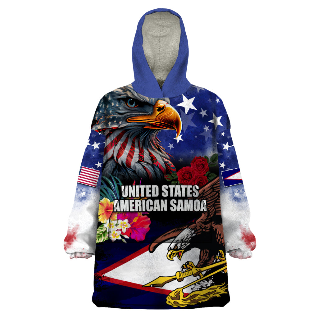United States and American Samoa Wearable Blanket Hoodie Bald Eagle Rose and Hibiscus Flower
