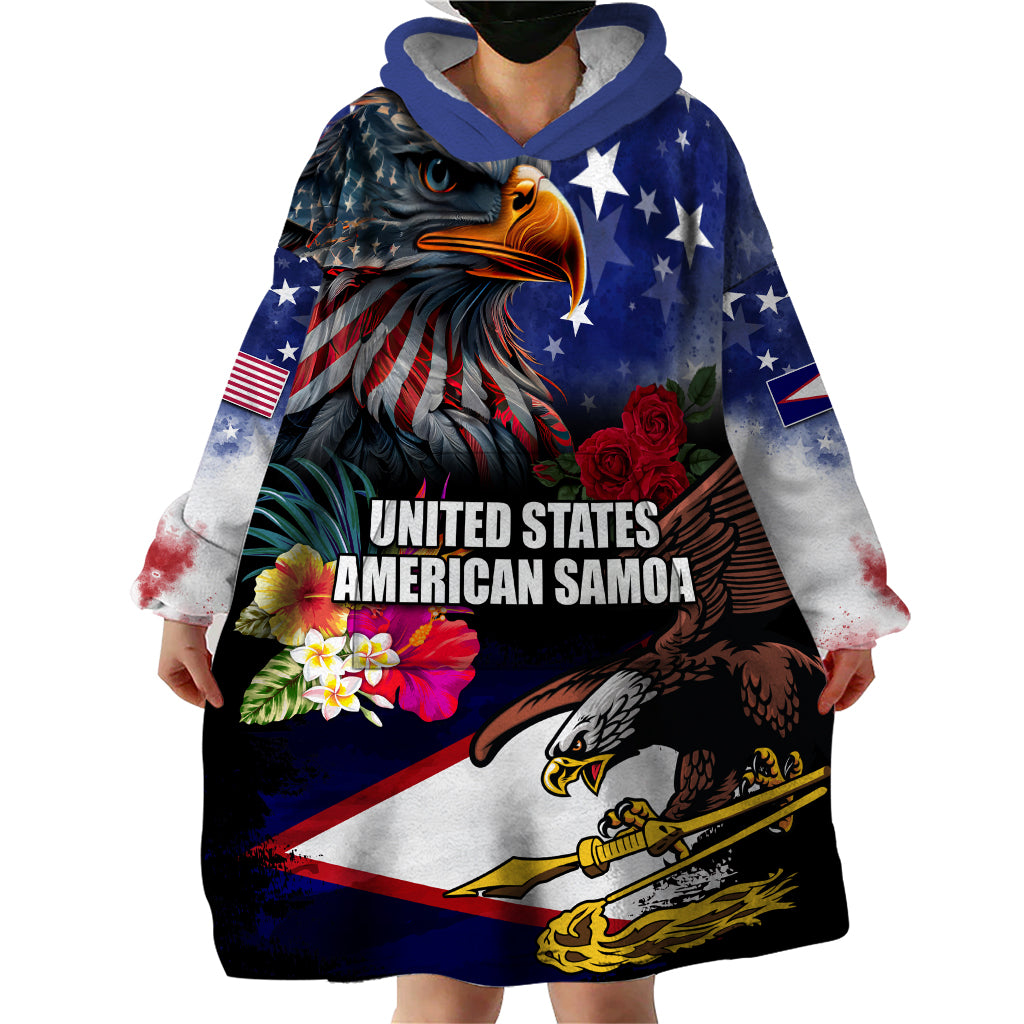 Personalised United States and American Samoa Wearable Blanket Hoodie Bald Eagle Rose and Hibiscus Flower - Wonder Print Shop