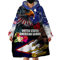 Personalised United States and American Samoa Wearable Blanket Hoodie Bald Eagle Rose and Hibiscus Flower - Wonder Print Shop