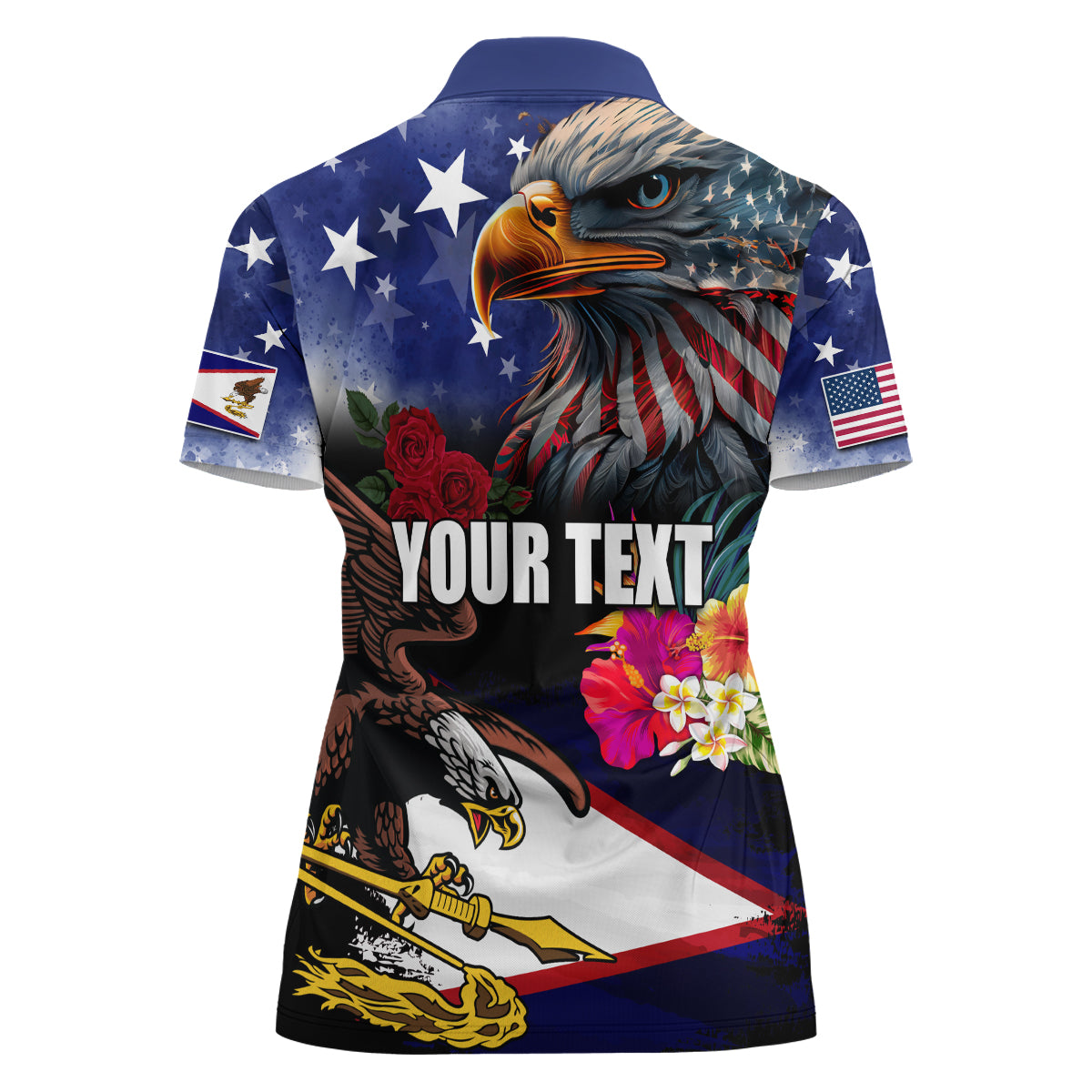 Personalised United States and American Samoa Women Polo Shirt Bald Eagle Rose and Hibiscus Flower - Wonder Print Shop