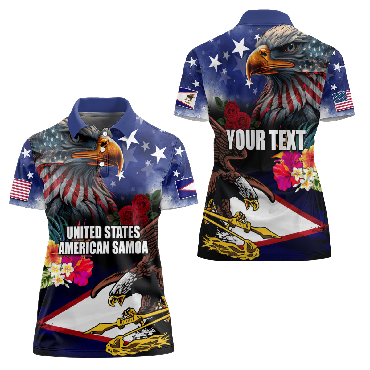 Personalised United States and American Samoa Women Polo Shirt Bald Eagle Rose and Hibiscus Flower - Wonder Print Shop