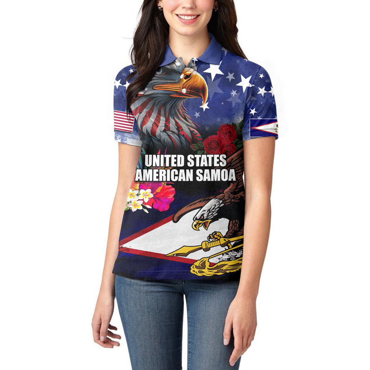 Personalised United States and American Samoa Women Polo Shirt Bald Eagle Rose and Hibiscus Flower - Wonder Print Shop